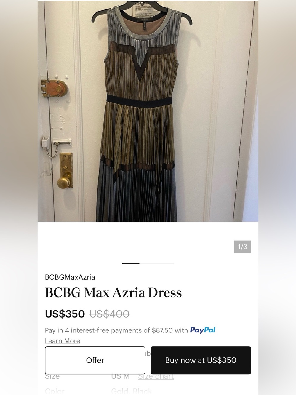 BCBGMaxAzria Metallic Gold and Silver Pleated Midi Dress - Picture 2 of 16